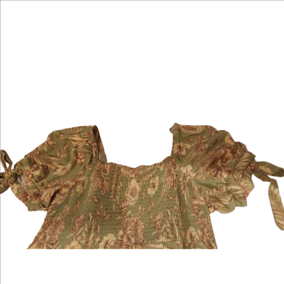 Agua Bendita x Target Mini Dress L Green Floral Smocked Short Sleeve Boho - Picture 3 of 7